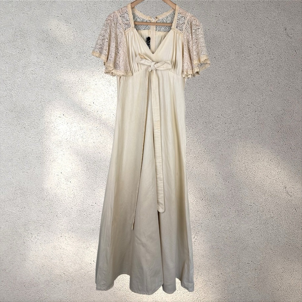 Gunne Sax Vintage 60s Prairie Maxi‎ Dress Lace Empire Waist Oatmeal Boho Dress S